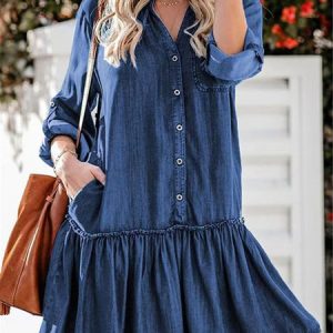 Women Plain V Neck Long Sleeve Comfy Casual Mini Dress, Dresses, color:Blue|size:XXL, catalog Noracora shop