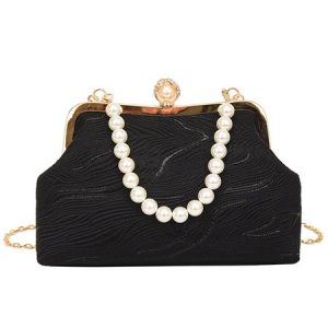 Elegant Imitation Pearl Beaded Handbag Clutch Bag with Detachable Crossbody Strap, Bags, color:Black|size:One-size, Stylewe