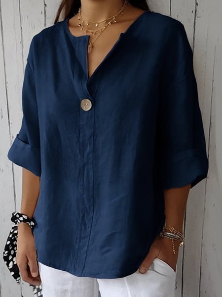 Women's Three Quarter Sleeve Blouse Spring/Fall Plain Buttoned Cotton V Neck Daily Going Out Casual Top, JustFashionNow Blouses, color:Navyblue|size:3XL,