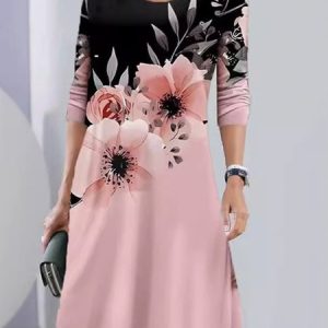Women Floral Crew Neck Long Sleeve Comfy Casual Midi Dress, Midi, color:Pink|size:XXL, catalog Noracora shop