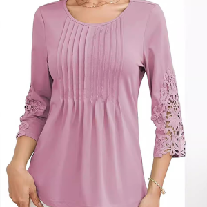 Crew Neck Three Quarter Sleeve Plain Lace Regular Micro-Elasticity Loose Blouse For Women, Blouses, color:Purple|size:3XL, catalog Noracora shop