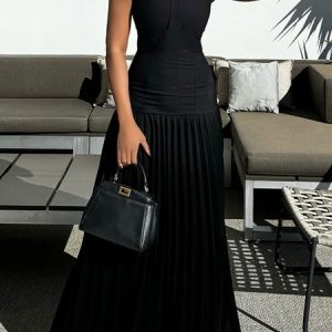 Turtleneck Plain Vacation Sleeveless Maxi Dress, Maxi Dresses, color:Black|size:XXL, Stylewe
