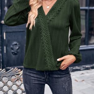 Crew Neck Long Sleeve Plain Lace Regular Loose Blouse For Women, Blouses, color:darkgreen|size:XL, catalog Noracora shop
