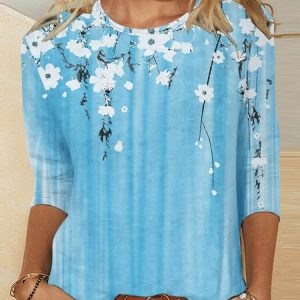 Casual Floral Crew Neck Three Quarter Sleeve T-shirt, T-shirts, color:Sky Blue|size:3XL, catalog Noracora shop