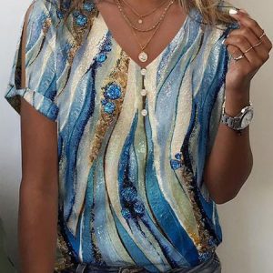 Women's Short Sleeve Tee T-shirt Summer Abstract Buckle V Neck Casual Top, JustFashionNow T-Shirts, color:Blue|size:XXL,