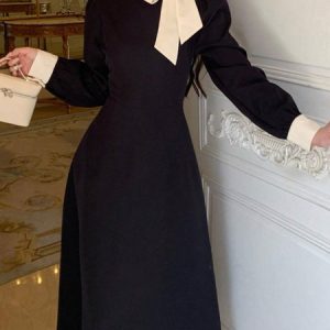 Urban Regular Fit Long Sleeve Color Block Midi Dress, Midi Dresses, color:Black-white|size:XXL, Stylewe