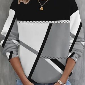 Casual Crew Neck Geometric Sweatshirt, Hoodies & Sweatshirts, color:Gray|size:XXL, catalog Noracora shop