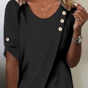 Casual Plain Crew Neck Three Quarter Sleeve T-shirt, T-shirts, color:Black|size:XXL, catalog Noracora shop