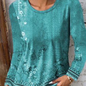 Crew Neck Long Sleeve Floral Lace Regular Micro-Elasticity Loose Blouse For Women, Blouses, color:Sky Blue|size:4XL, catalog Noracora shop