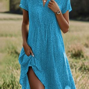 Women Vacation Polka Dots Shirt Collar Short Sleeve Comfy Casual Midi Dress, Dresses, color:Light Blue|size:XXL, catalog Noracora shop