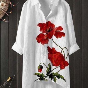 Shirt Collar Long Sleeve Floral Regular Loose TUNIC Shirt For Women, Shirts, color:White|size:3XL, catalog Noracora shop