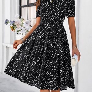 Women Polka Dots Crew Neck Short Sleeve Comfy Casual Midi Dress, Midi, color:Black|size:XL, catalog Noracora shop