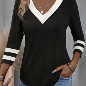 Casual Color Block V Neck Long Sleeve T-shirt, T-shirts, color:Black|size:XXL, catalog Noracora shop