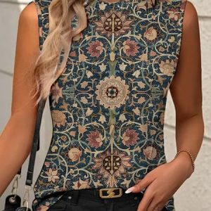 Casual Crew Neck Ethnic Tank Top, Tanks & Camis, color:Green|size:XXL, catalog Noracora shop
