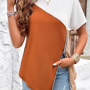 Crew Neck Short Sleeve Color Block Zipper Regular Loose Shirt For Women, Blouses, color:Brown|size:XL, catalog Noracora shop