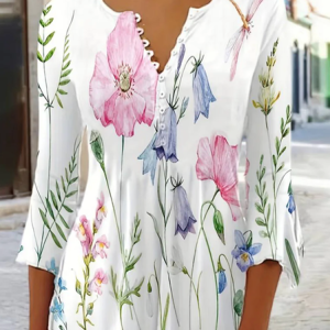 Crew Neck Half Sleeve Floral Buckle Regular Loose Blouse For Women, Blouses, color:Multicolor|size:XXL, catalog Noracora shop