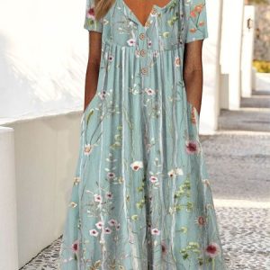 Gradient flower loose holiday half open button pocket a hem Long Dress, Midi, color:mint|size:XXL, catalog Noracora shop