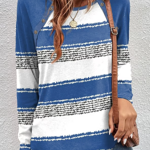 Crew Neck Long Sleeve Striped Regular Micro-Elasticity Loose Blouse For Women, Blouses, color:Blue|size:3XL, catalog Noracora shop
