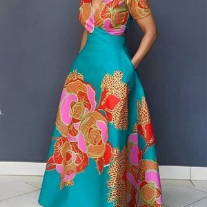 Elegant Floral V Neck Short Sleeve Dress, Maxi Dresses, color:Blue|size:XXL, Stylewe