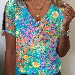 Casual Gradient Pattern V Neck Short Sleeve T-shirt, T-shirts, color:Blue|size:XXL, catalog Noracora shop