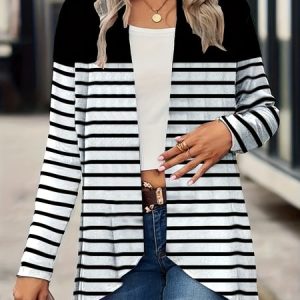 Women's Striped Regular Loose Jacket, Outerwear, color:Black-white|size:XXL, catalog Noracora shop