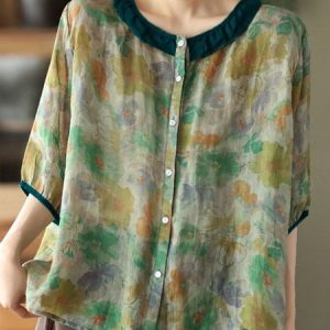 Crew Neck Half Sleeve Floral Regular Loose Blouse For Women, Blouses, color:Green|size:XXL, catalog Noracora shop