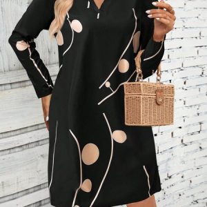 Women Polka Dots V Neck Long Sleeve Comfy Casual Mini Dress, Dresses, color:Black|size:XL, catalog Noracora shop