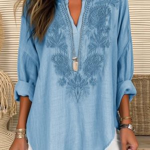 V Neck Long Sleeve Plain Embroidery Lightweight Loose Blouse For Women, Blouses, color:Blue|size:XXL, catalog Noracora shop