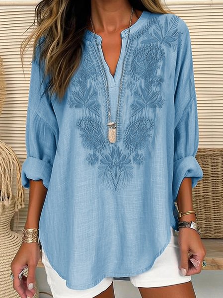 Women's Long Sleeve Blouse Spring/Fall Plain Embroidery Cotton And Linen V Neck Daily Going Out Casual Top Blue, JustFashionNow Blouses, color:Blue|size:XXL,