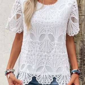 V Neck Short Sleeve Plain Lace Regular Loose Shirt For Women, Blouses, color:White|size:XXL, catalog Noracora shop