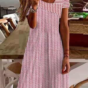 Women Sundress Vacation Striped Short Sleeve Comfy Casual Short Dress, Short, color:Red|size:XXL, catalog Noracora shop