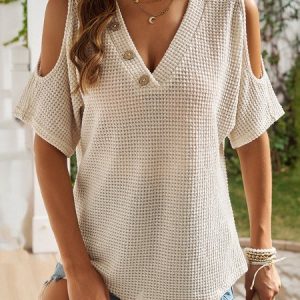 V Neck Short Sleeve Plain Buckle Regular Loose Shirt For Women, Blouses, color:Apricot|size:XL, catalog Noracora shop