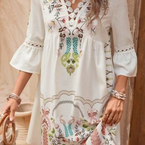 Women Ethnic V Neck Half Sleeve Comfy Casual Lace Short Dress, Dresses, color:Apricot|size:XL, catalog Noracora shop