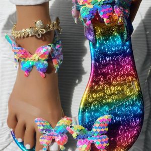 Multicolor Floral Pattern Rainbow Ombre Toe Post Sandals, Flats-Sandals, ChicMe catalog