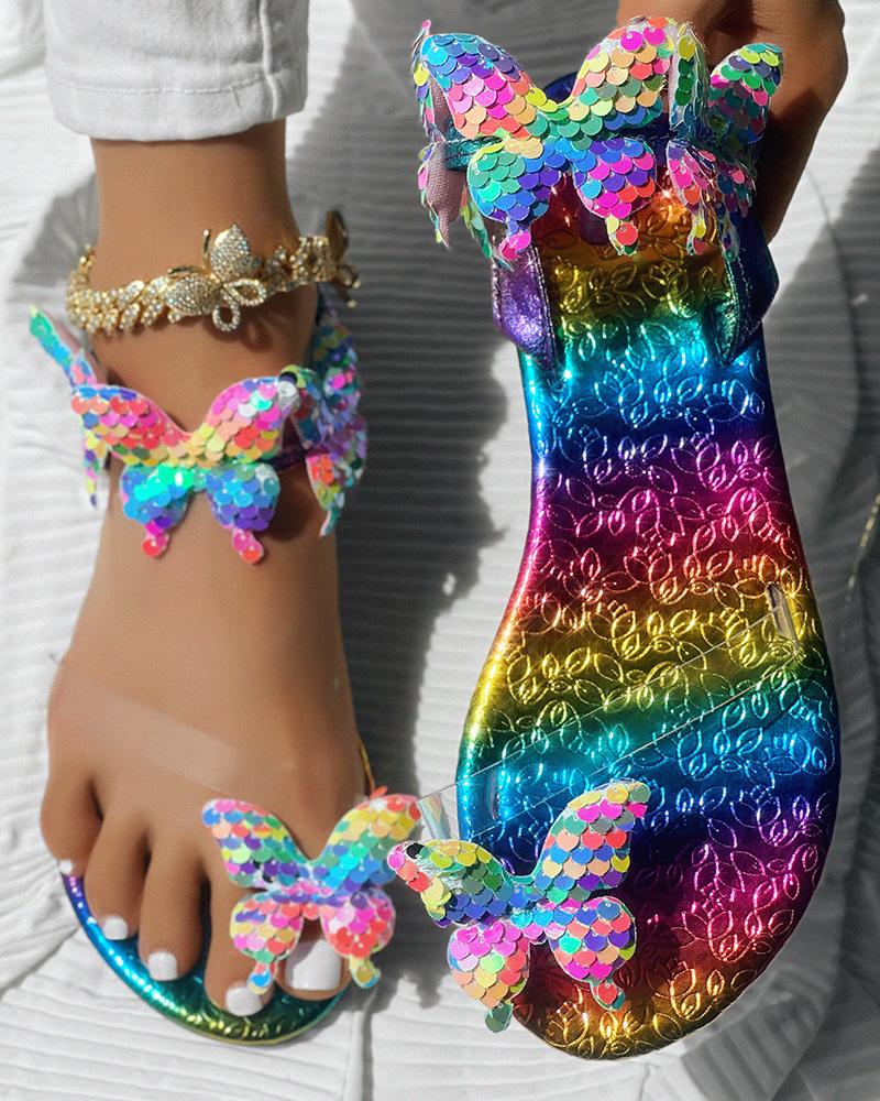 Multicolor Floral Pattern Rainbow Ombre Toe Post Sandals, Flats-Sandals, ChicMe catalog