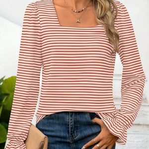 Crew Neck Long Sleeve Striped Lace Regular Loose Blouse For Women, Blouses, color:Wine Red|size:XXL, catalog Noracora shop