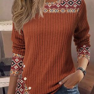 Casual Ethnic Crew Neck Long Sleeve T-shirt, T-shirts, color:Brown|size:XL, catalog Noracora shop