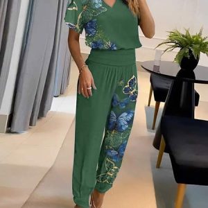 Women's Butterfly Print V Neck Short Sleeve Comfy Casual Top With Pants Two-Piece Set, Sets, color:Green|size:XXL, catalog Noracora shop