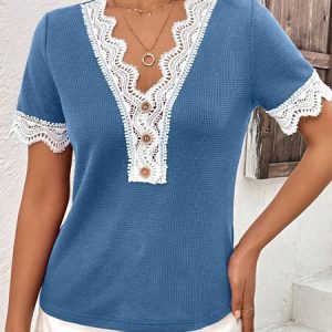 V Neck Short Sleeve Plain Regular Regular Fit Shirt For Women, Blouses, color:Blue|size:XL, catalog Noracora shop
