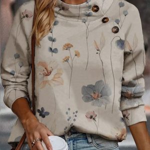 Casual Stand Collar Floral Sweatshirt Buttoned, Sweaters, color:Apricot|size:XXL, catalog Noracora shop
