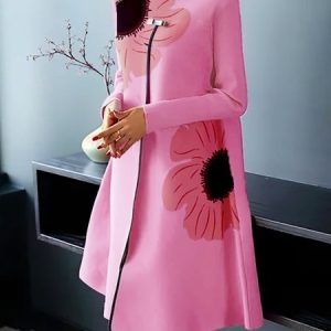 Elegant Floral Half Turtleneck Long Sleeve Midi Dress With No Belt, Midi Dresses, color:Pink|size:XXL, Stylewe