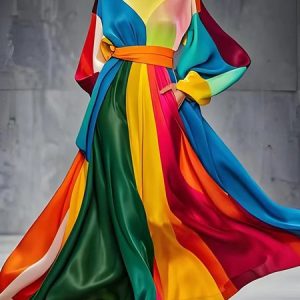Crew Neck Regular Fit Colorblock Elegant Balloon Sleeve Dress With Belt, Maxi Dresses, color:As Picture|size:XXL, Stylewe