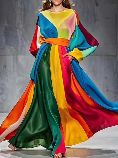 Crew Neck Regular Fit Colorblock Elegant Balloon Sleeve Dress With Belt, Maxi Dresses, color:As Picture|size:XXL, Stylewe