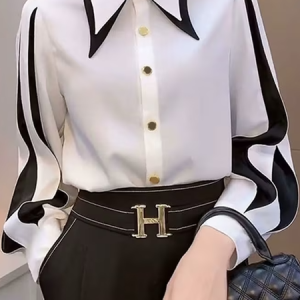 Urban Color Block Button-Down Shirt, Blouses and Shirts, color:Black-white|size:XXL, Stylewe