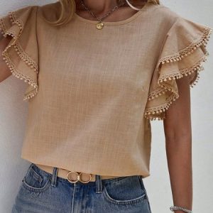 Crew Neck Ruffled Sleeves Cap Sleeve Plain Regular Regular Fit Shirt For Women, Blouses, color:Khaki|size:XXL, catalog Noracora shop