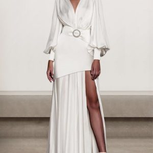 Women Plain V Neck Long Sleeve Comfy Sexy Maxi Dress, Dinner dress, color:White|size:XL, catalog Noracora shop