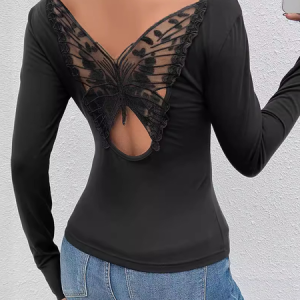 Casual Butterfly Crew Neck Three Quarter Sleeve T-shirt, T-shirts, color:Black|size:XL, catalog Noracora shop