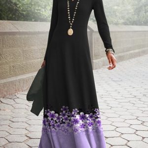 Women Floral V Neck Long Sleeve Comfy Casual Maxi Dress, Maxi, color:Black|size:XXL, catalog Noracora shop