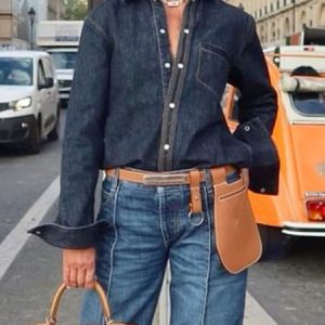 Casual Shirt Collar Buttoned Denim Blouse, Blouses and Shirts, color:Denim Blue|size:XXL, Stylewe