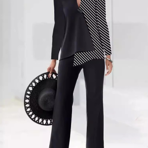 Women Geometric V Neck Long Sleeve Comfy Casual Top With Pants Two-Piece Set, Sets, color:Black|size:3XL, catalog Noracora shop
